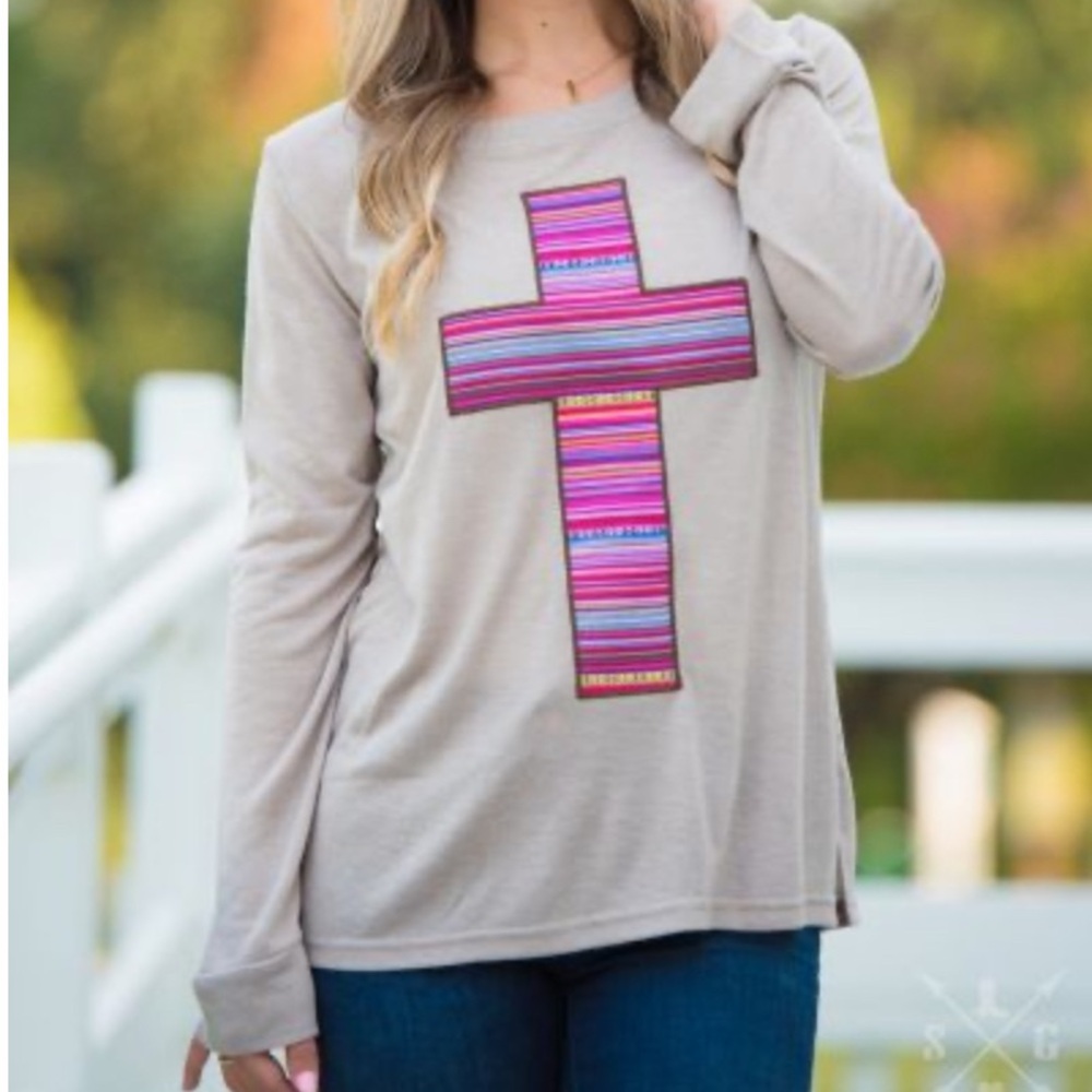 Southern Grace Beige Long Sleeve with Serape Cross Patch